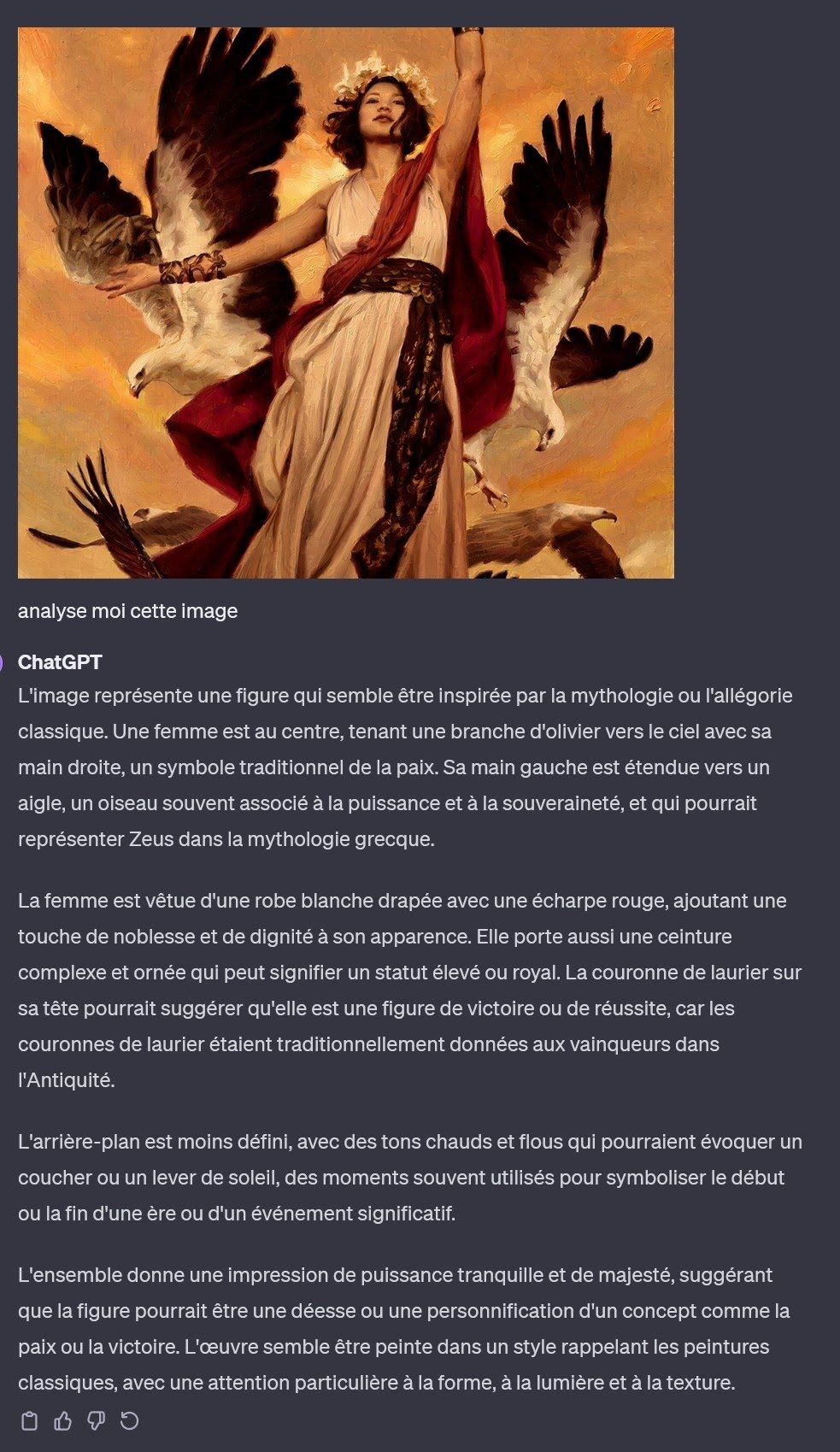 Résultat avec Chat GPT 4. L'analyse de l'image opère très bien. Donc l'IA passe au-dessus de Glaze sans difficulté. Essayons avec un autre outil et une autre image issue de Glaze...